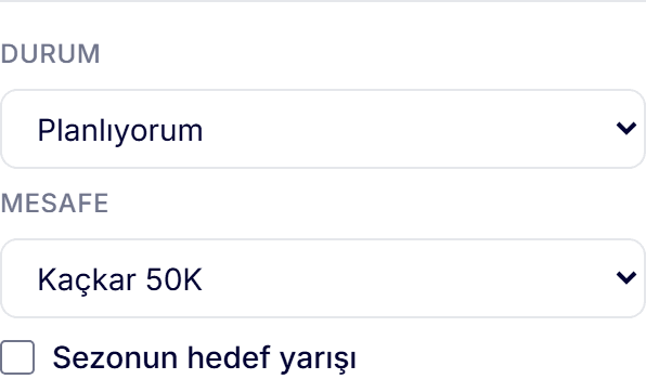 A race page sidebar: a Status dropdown set to “Planned”, a Distance dropdown below it set to “Kaçkar 50K”, and a “My goal race this season” checkbox underneath.